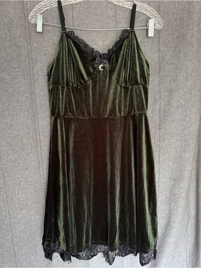 Fairycore Romantic Babydoll Whimsygoth Lace Trim Green Velvet Party Slip Dress